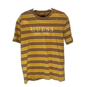 GUESS Mens Small Embroidered Spellout Striped T Shirt